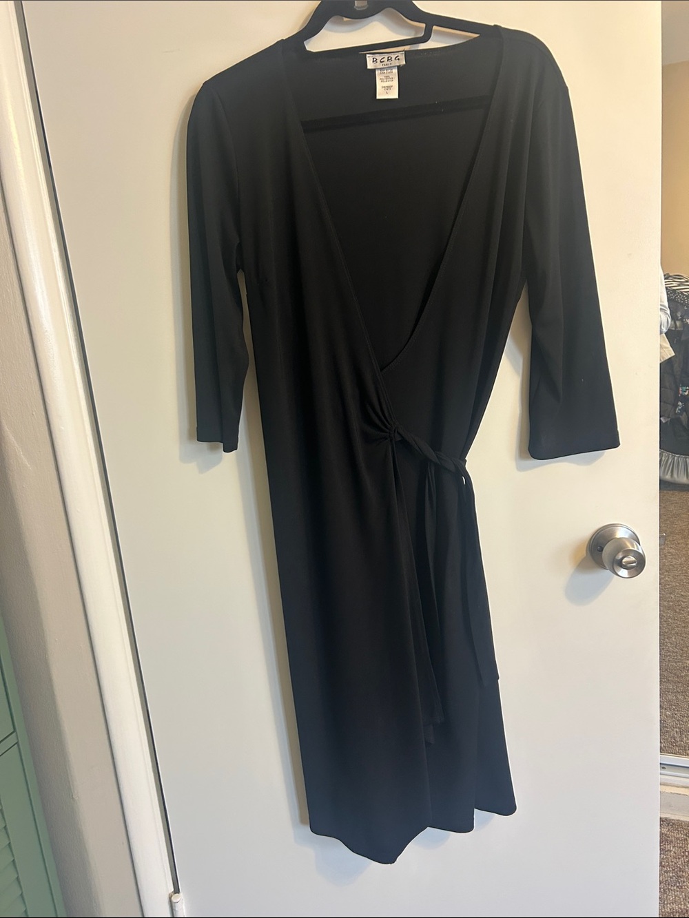 BCBG Black Wrap-Style Midi Dress with Tie Detail